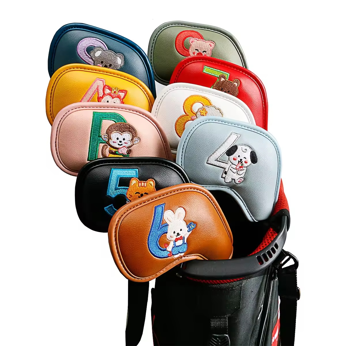 Badminton Club - ชุดคลุมหัวไม้กอล์ฟลายการ์ตูนสัตว์น่ารัก 9 ชิ้น, วัสดุหนัง PU ปักลาย,